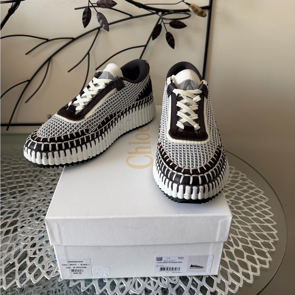 Chloe Nama Woven Stitch-Trim Platform Sneaker Size 38 White Black & Brown NIB - Picture 9 of 17